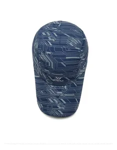 Top view of dark blue quick-dry baseball cap with gray geometric patterns and silver logo