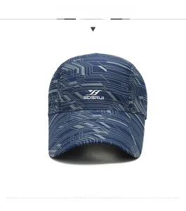 Detailed front view of navy quick-dry sports cap featuring silver geometric circuit patterns