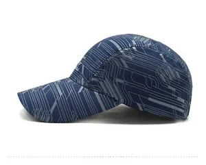 Side view of dark blue quick-dry baseball cap with grey geometric pattern and long visor