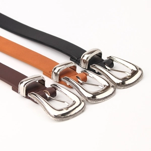 Three-piece women's faux leather belt set in black camel and dark brown with vintage buckles
