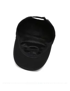 Internal view of the black cotton army cap showing lining and adjustable strap detail