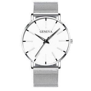 Detail of silver mesh band and minimalist white dial on a sleek Geneva quartz watch