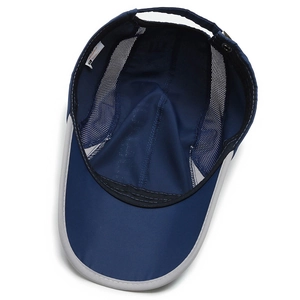Navy blue breathable mesh baseball cap with gray trim and adjustable back strap