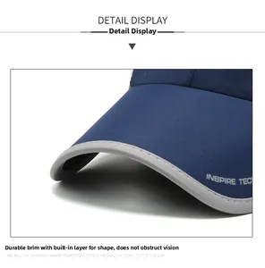 Macro detail of navy quick-dry baseball cap brim with INSPIRE TECH text and gray piping