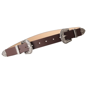 Vintage western double buckle belt in dark brown leather with silver floral engravings