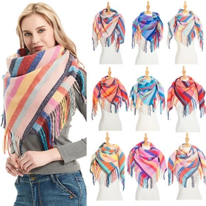 Detailed collage of colorful striped cashmere feel scarves with soft fringe edges
