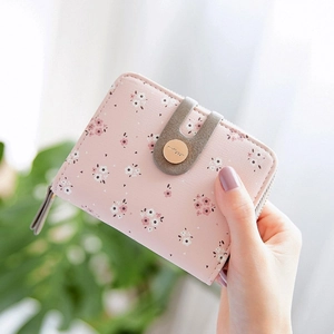 Women Short Wallet PU Leather Floral Print Zipper Bifold Card Holder Coin Purse Portable Fashion For Students Girls