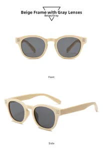Front and side view of beige round frame sunglasses with grey lenses and metal rivets