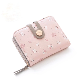 Pink floral printed short PU leather wallet with zipper and snap closure for women