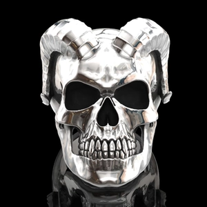 Detailed view of silver skull ring with ram horns and mirror reflection on black background