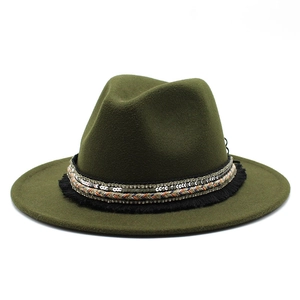 Dark green wool felt fedora hat with bohemian ribbon trim and sequin tassels
