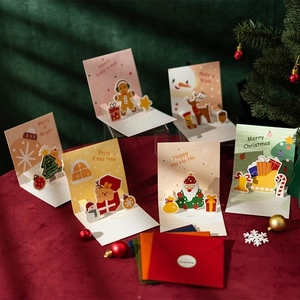3D Pop Up Christmas Greeting Cards Cardstock With Envelope And Sticker Holiday Party Gifts Cartoon Festive Designs