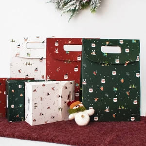 Christmas Gift Bags Paper Cardboard Festive Handle Velcro Closure Cartoon Santa Reindeer Pattern Holiday Party Candy Bag