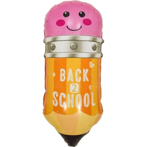 Pencil-shaped foil balloon with Back 2 School text and cartoon face for party decor
