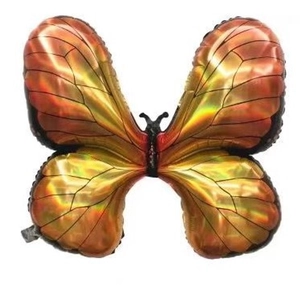 Detailed view of orange and gold butterfly foil balloon with metallic texture for parties
