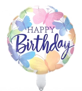 Close-up of a round foil balloon with colorful butterfly prints and Happy Birthday text