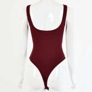 Detail view of the wine red ribbed knit bodysuit showing the back scoop neck and thong cut