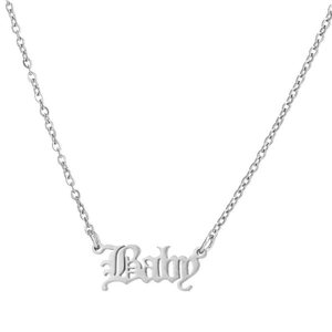 Silver metal necklace with a script Baby letter pendant on a clean white background