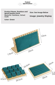 Bamboo and green velvet jewelry display set with detailed dimensions for necklace and rings