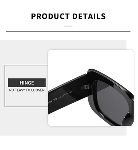 Detail view of durable metal hinge and model specifications on small square sunglasses