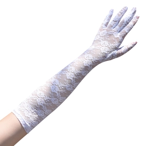Women's 43cm long white lace sun protection gloves with floral embroidery design