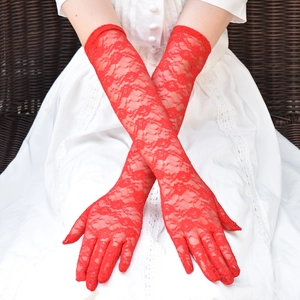 Elegant 43cm long red lace gloves for women, full finger anti-UV sun protection summer gloves