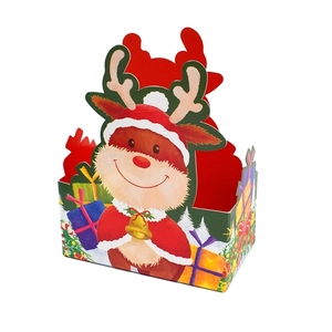 Christmas gift box featuring cartoon reindeer and pine tree illustrations on white background