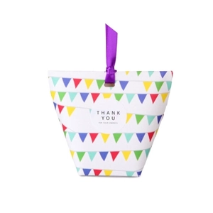 Trapezoid colorful bunting gift box with purple ribbon handle and Thank You sticker