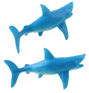 Detail view of two blue shark models featuring realistic dorsal fins and gill textures
