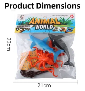 Detailed packaging view of 6-piece marine animal toy set with dimensions 21x23cm