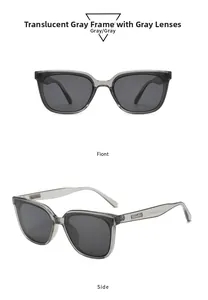 Macro view of transparent grey square frame sunglasses with metal accents on side