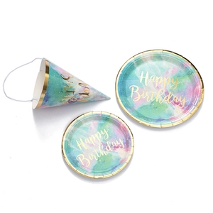 Starry sky birthday party set with gradient paper plates and golden foil party hat