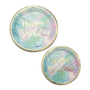 Gradient marble party plates with gold Happy Birthday lettering for birthday supplies