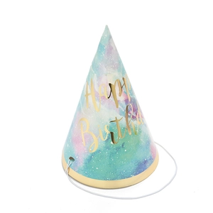 Detail of gradient blue and purple paper party hat with gold Happy Birthday foil text