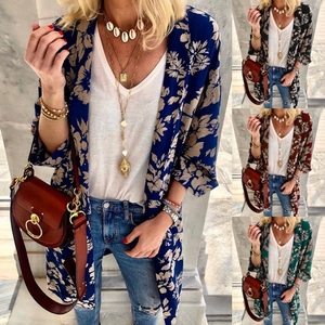 Women's Bohemian Floral Print Kimono Cardigan Chiffon Open Front Cover Up Casual Loose Top Retro Ethnic Lightweight Outerwear