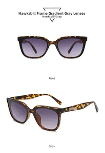Detail of tortoise shell square sunglasses with gradient grey lenses and metal temple trim