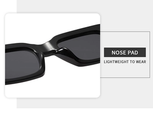 Detail view of the lightweight integrated nose pad on black retro square sunglasses
