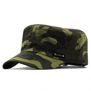 Close-up of jungle camouflage cadet cap featuring the golden SPORT metal side logo