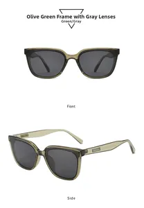 Macro detail of olive green translucent square frames with dark gray lenses