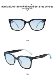 Front and side views of square sunglasses with blue gradient lenses and frames