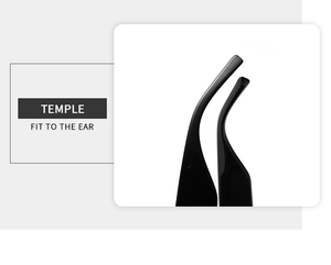 Detail of ergonomic curved eyewear temples designed for a comfortable fit to the ear