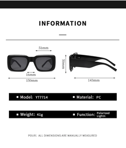 Detailed size specifications for YT7714 rectangular sunglasses with 150mm frame width
