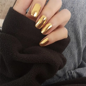 Glossy mirror gold press-on nails in medium-long square shape with metallic chrome finish