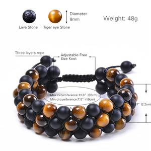 Three-layer braided natural tiger eye and lava stone bracelet with adjustable size