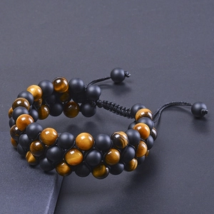 Three-layer braided natural tiger eye and matte black stone bracelet with adjustable cord