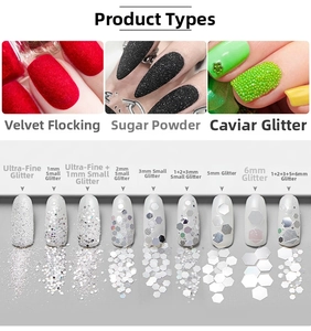Dettaglio di glitter per nail art assortiti da ultra-fini a 6mm con perline e polvere di velluto