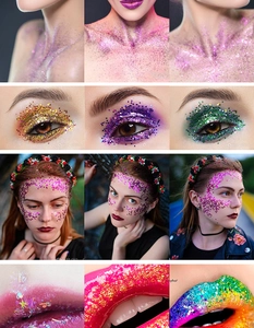 Paillettes colorate applicate su occhi, labbra e viso per un trucco a cuore