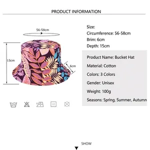 Floral cotton bucket hat size chart with dimensions for women's reversible sun cap