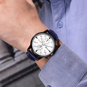 Slim business quartz watch with white dial, black alloy case and navy blue leather strap