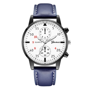 Montre d'affaires mince pour homme avec boîtier noir, cadran blanc et bracelet en cuir bleu